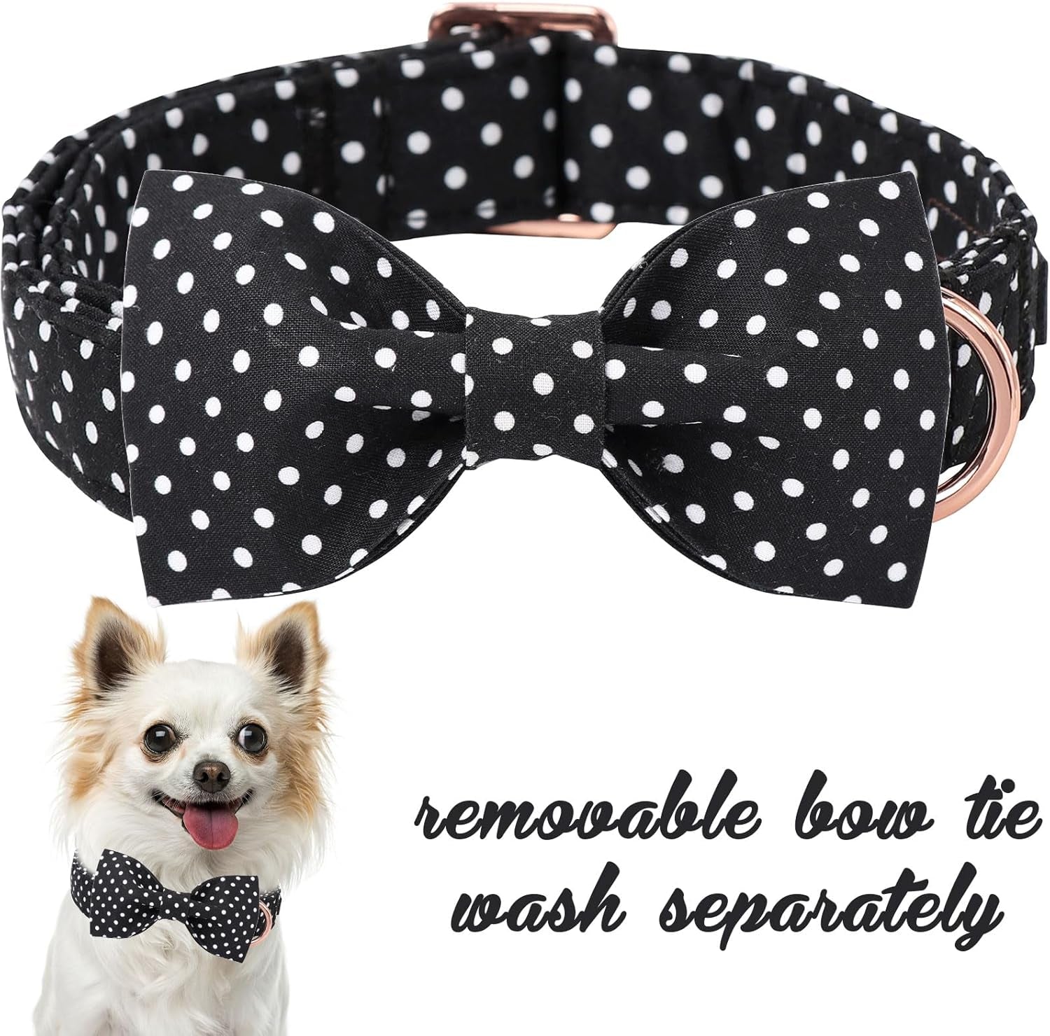 Cotton Dog Collar with Bow Puppy Collar with Black White round Dot for Small Medium Large Boys Girls Dogs