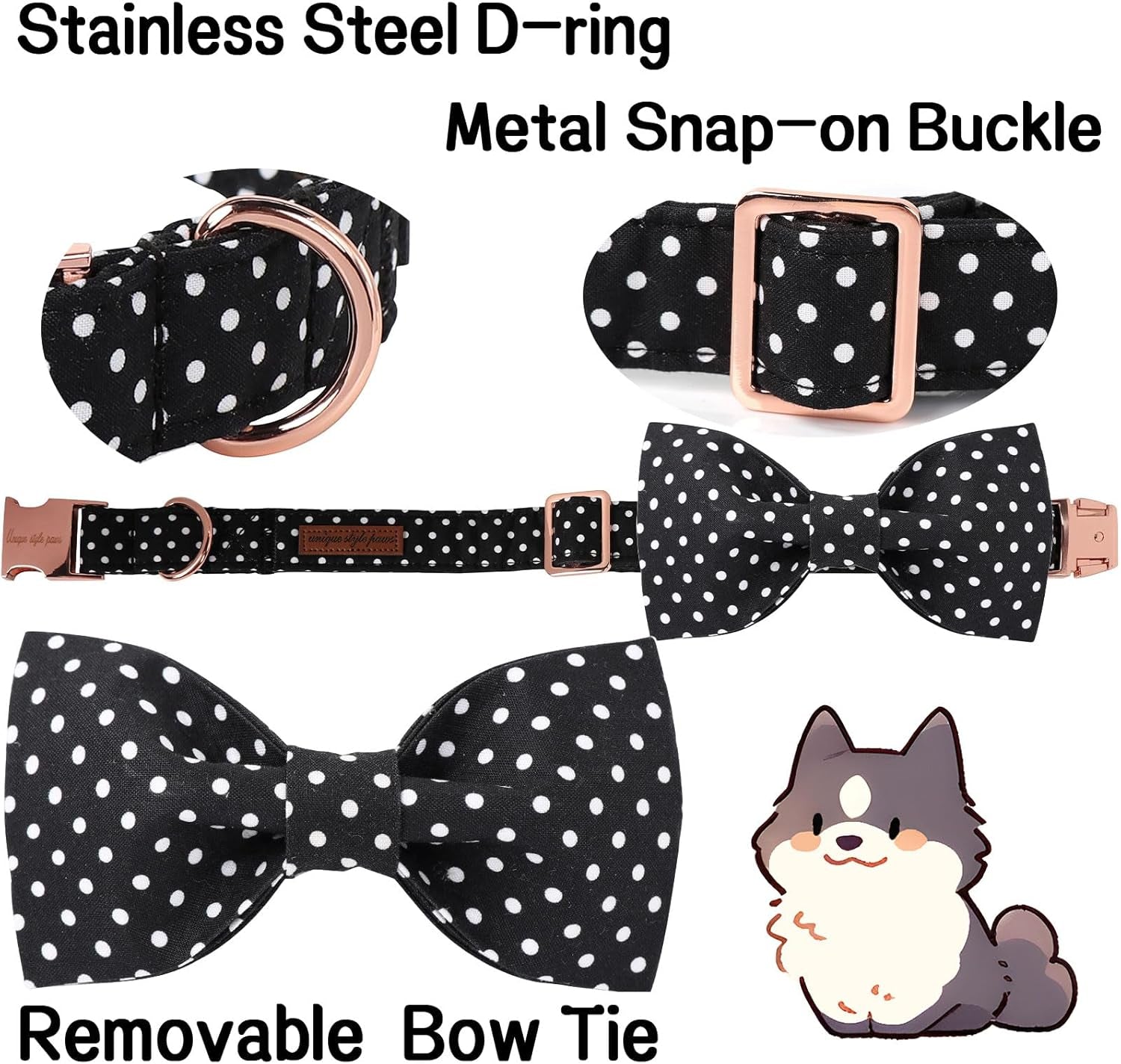 Cotton Dog Collar with Bow Puppy Collar with Black White round Dot for Small Medium Large Boys Girls Dogs